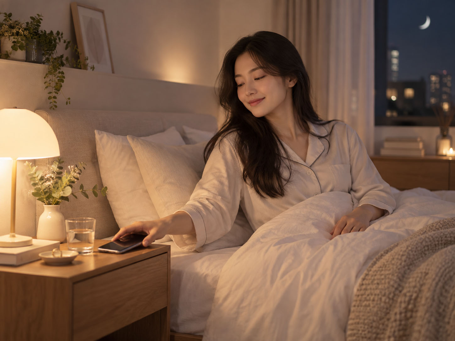 Putting down a smartphone before bed and preparing for sleep
