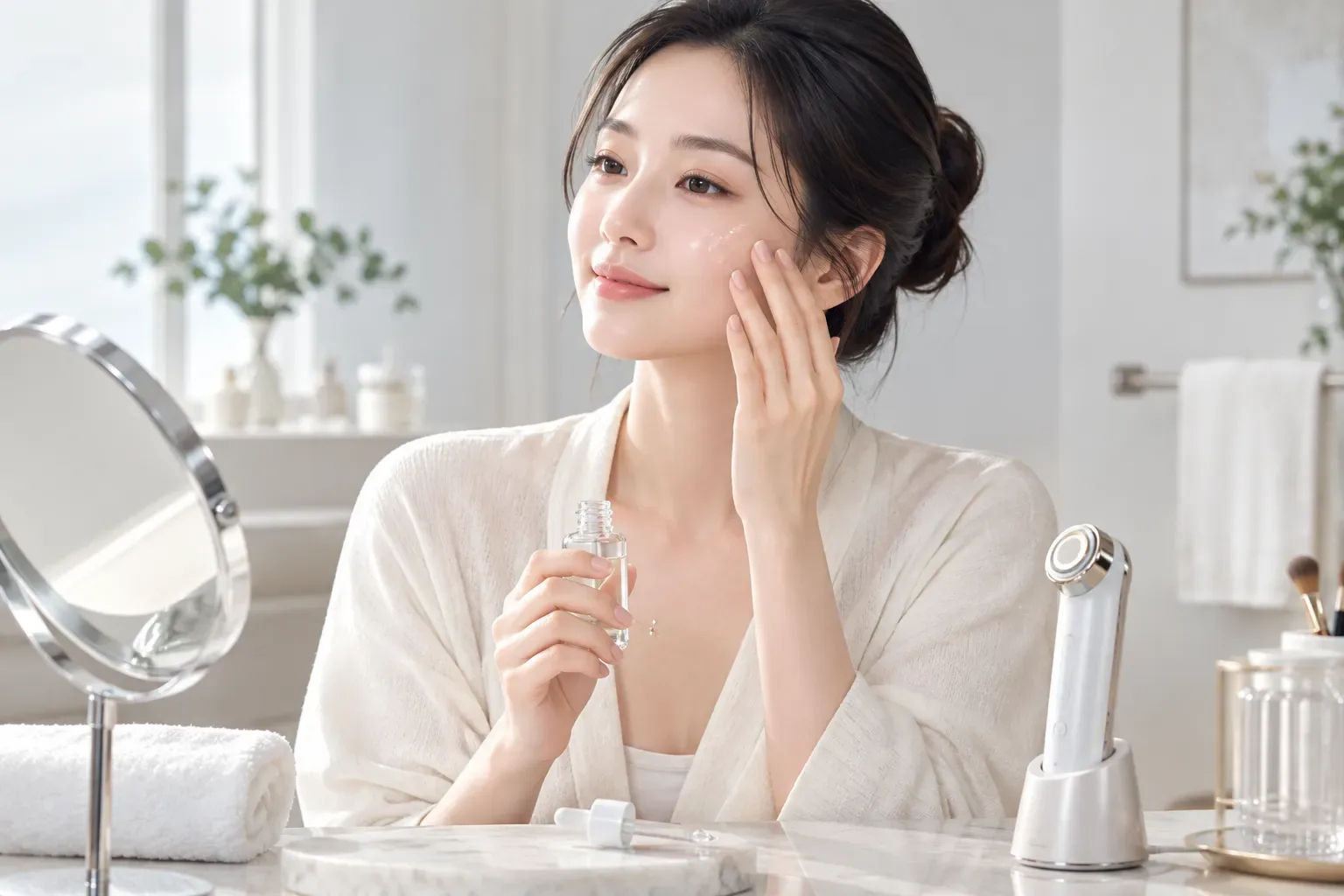 Format horizontal 4:3 : scène éditoriale montrant une femme est-asiatique fictive, ne ressemblant à aucune personne réelle, appliquant un sérum transparent sur sa joue devant sa coiffeuse le matin, avec un appareil de beauté sans marque posé à côté. Fichier exec-7293dc49-b216-42ff-9e69-912d2664459c.png. alt='Femme appliquant un sérum et préparant un appareil de beauté à domicile'. caption='Les soins à domicile avec du PDRN topique et les traitements par injection de PN·PDRN dans la peau diffèrent par leur profondeur de délivrance et leurs données. Image générée par IA · Mise en scène destinée à faciliter la compréhension'.