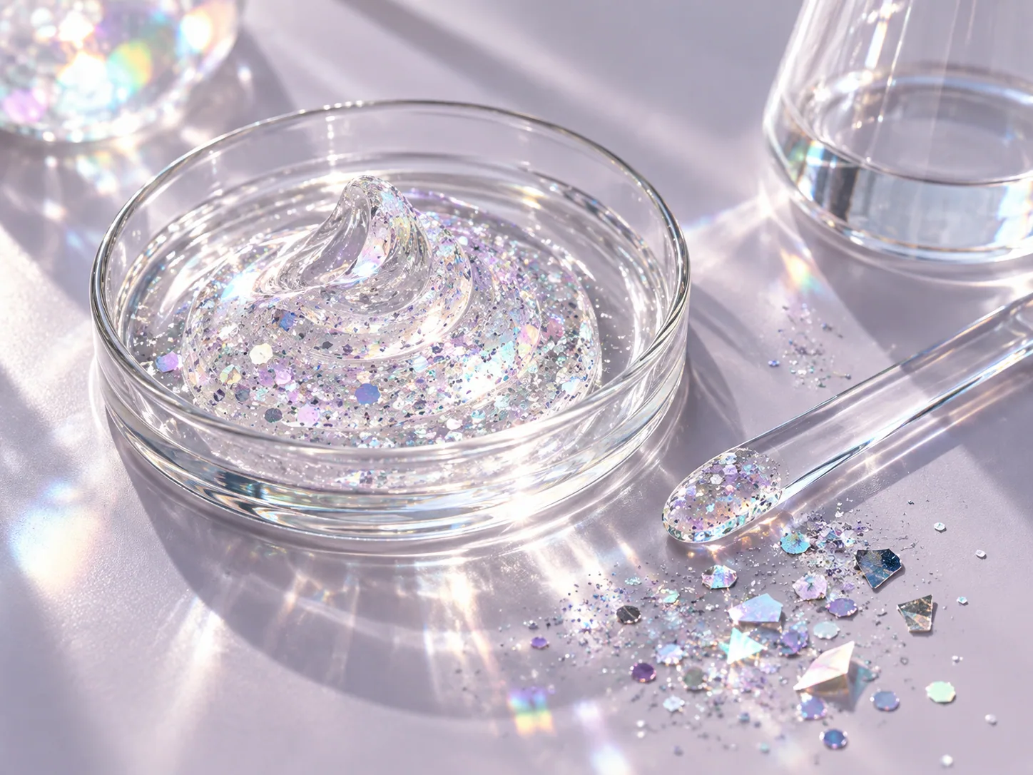 Gel glitter warna-warni berkilau dalam piring kaca-4